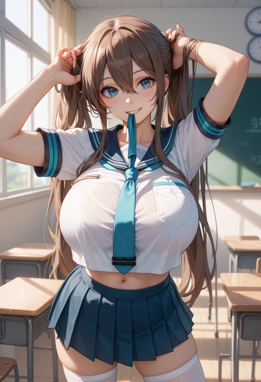 On a desk in the classroom、Rub your own breasts、A cute light orange bra、A cute white thong showing through a cute light orange mini skirt、barefoot、Raw milk、Beautiful breasts