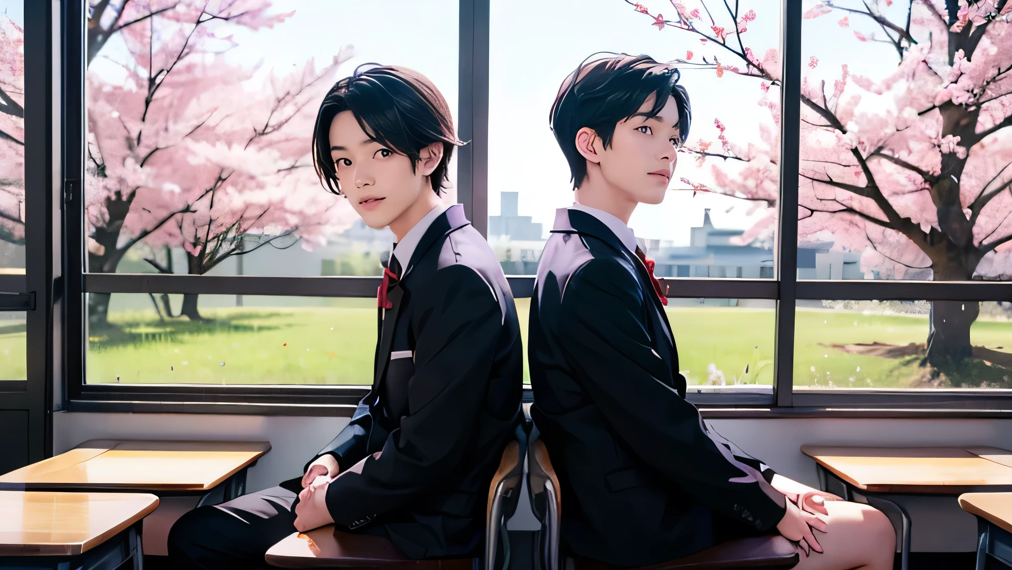 Two Japanese men handsome smile In the classroom window 二人共にBlack school run school uniform Black school run Outside the window is early spring there is only one cherry tree boys love cartoon The two sit side by side Future Classroom