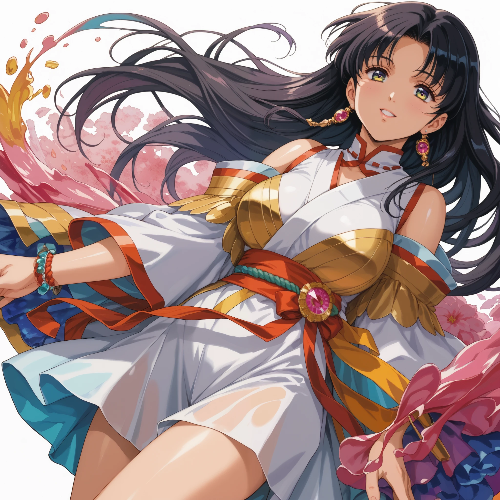 (masterpiece, top quality, OFFICIAL ART:1.2), (colorful), perfect anatomy, watch the audience,one girl, alone, white background, floating colorful water, super precise illustration,  high detail , dynamic angle, beautiful detailed, 8k, 壊す smiling amidst the colorful scenes, (high definition),  anime style　 black hair　、、もっとcolorful、fantastic、sexy clothes on your hands、Big Breasts、Artistic、Japanese style