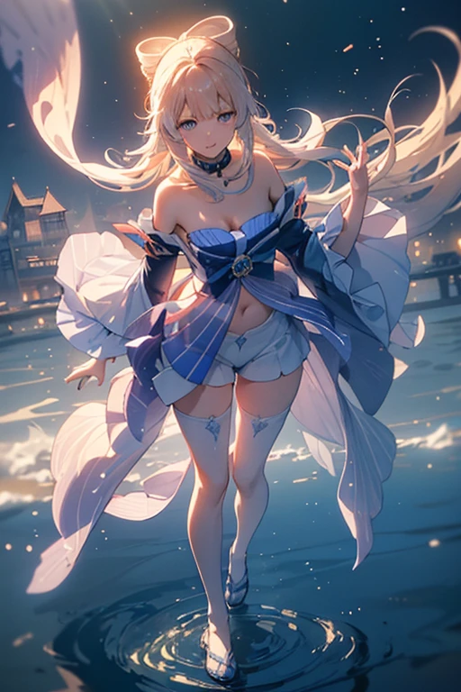Masterpiece, top quality anime illustration, super detailed, single girl, solo, beautiful girl with silver hair, anime loli, cat ear loli, pale golden see-through dancer costume, smile, cleavage enhancement, lower breast emphasis on bare skin, thigh focus, night color
