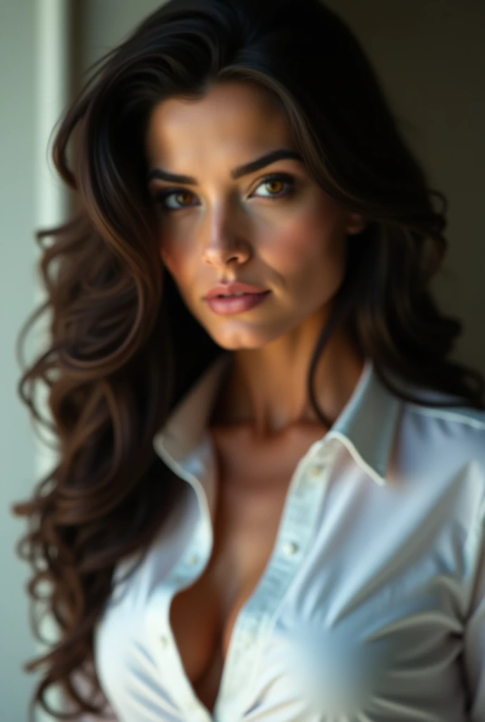(best quality,4k,highres, highres face details), brown long curly hair, wearing a white buttoned up shirt,18 years old, instagram model, 36DD natural breast, fake lashes, fake lips, dark makeup, perfect skin, tan skin, she is skinny, she is caucasian, golden hour, huge natural breast 36DD, posing, sexy, sensual vibes, whole body image, from head to toes, flashing boobs