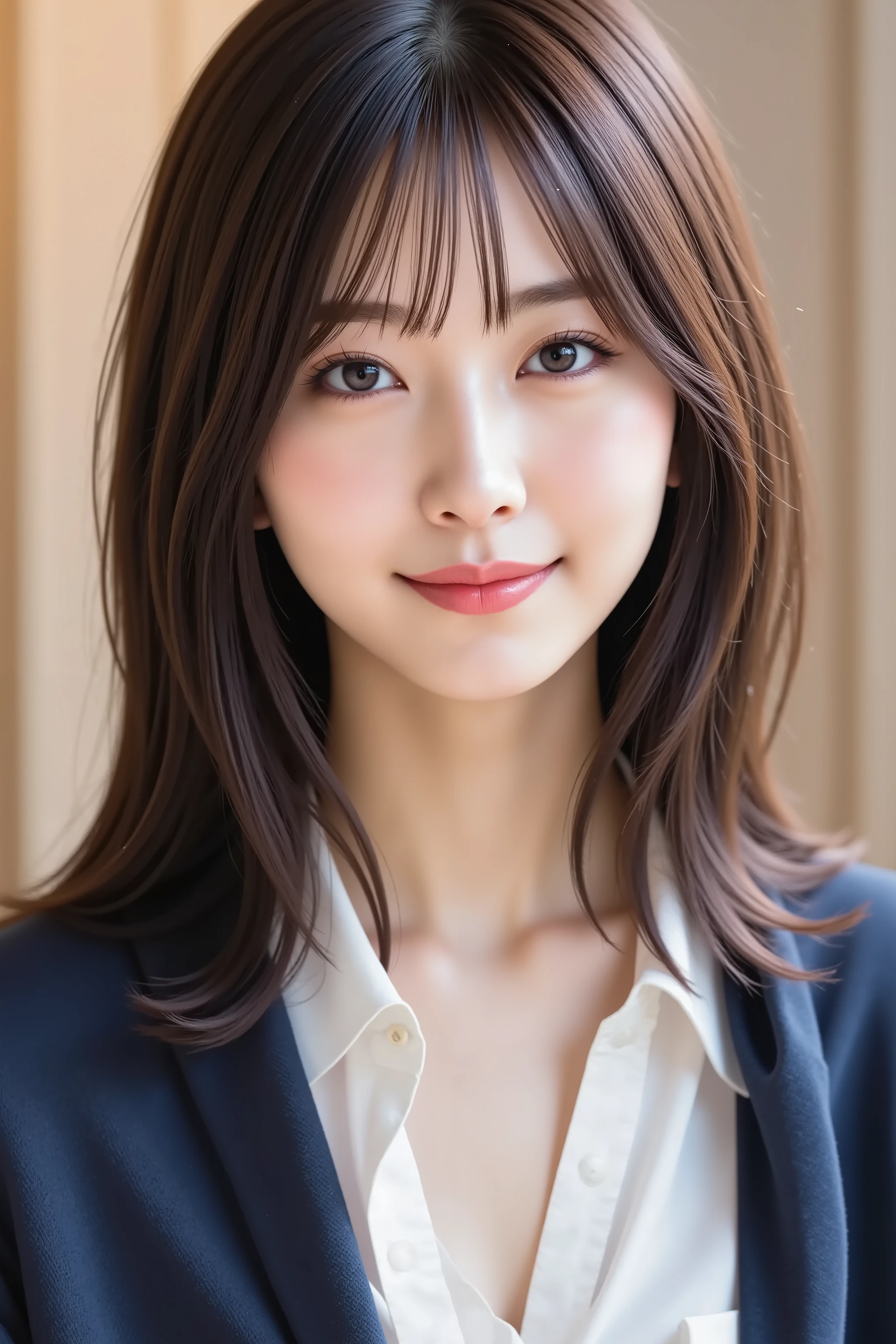 The face is positioned exactly in the center of the image , black hair , Tight Chest 、, the entire head is fully reflected , Face clearly visible、White Blouse with Open Chest and Navy Jacket, Night Ladies Room Background, long hair per person、bungs, smile, young and cute Japanese face , OFFICIAL ART, high image quality CG Unity 8k wallpaper,Ultra high image quality , very well detailed, high image quality , Filmgrain , Lens Flare Glow , top quality ,8k, as portrait shots ,8k, viewer , masterpiece,top quality ,very well detailed, it's cute ,sexy,very well detailedな,detailware features ,beautiful, illustration , beautiful Japanese woman, ladies 1