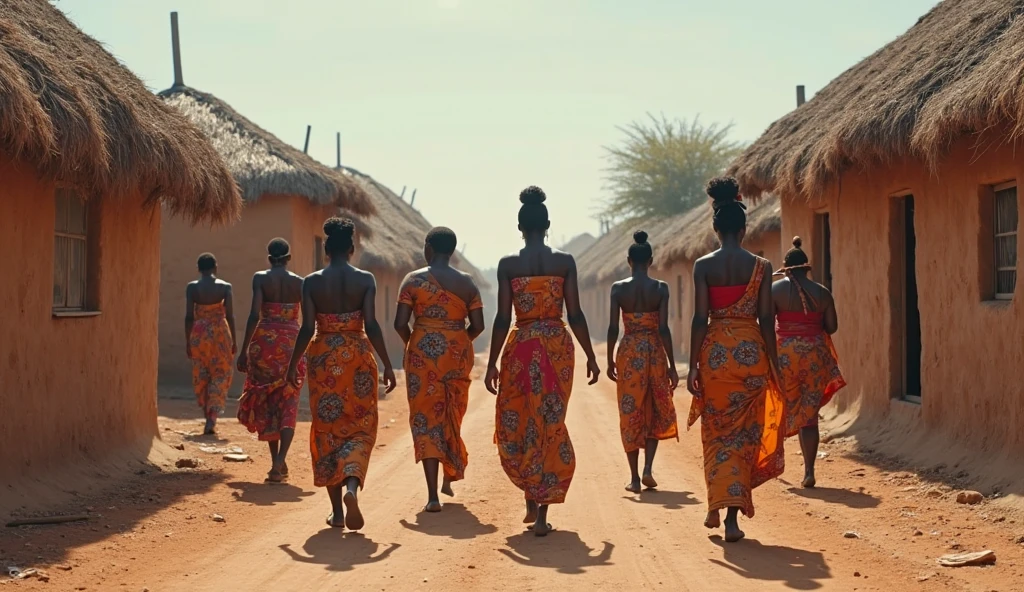 African women in traditional dress with baskets on their head. Tall grass and baobab trees are in the background. Paper quilling, colorful.