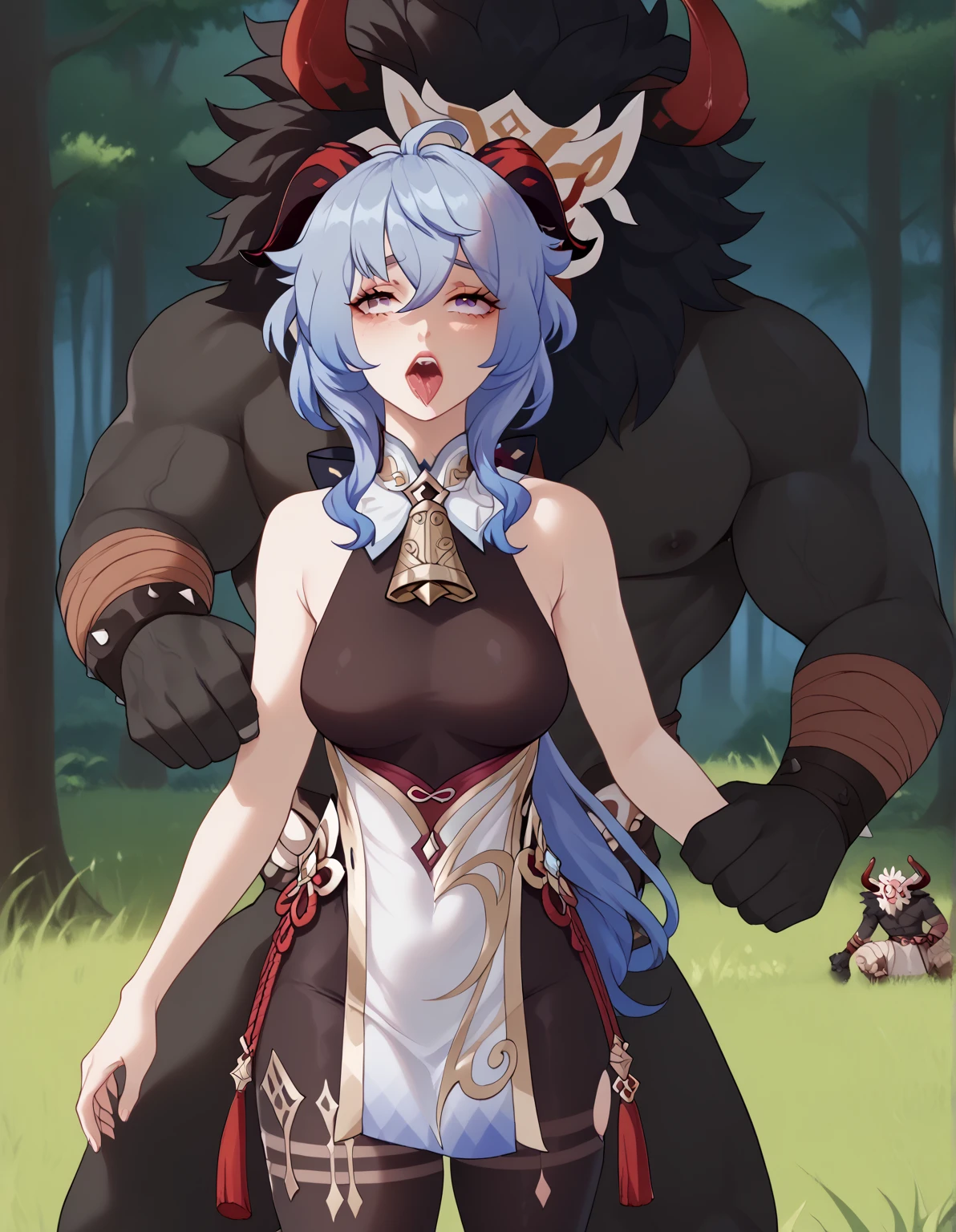 full body, cum, cum overflow, doggystyle, vaginal, sex, horned humanoid, horn, ganyu (genshin impact), female/ambiguous, female, duo, clothing, blue hair, bestiality, pink panties, bear,