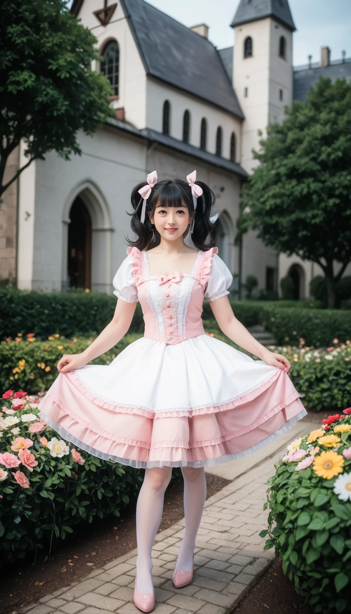 1 girl、running、 black hair、twin tails、blunt bangs, hair ribbon、pink、Magical Girl Clothes、miniskirt、ruffle dress, pinkのリボン, pinkチョーカー, layered skirt for two to spread legs, white stockings、pinkのハイヒール、flower garden with a view of the castle in the distance、from front,full body,looking at viewe