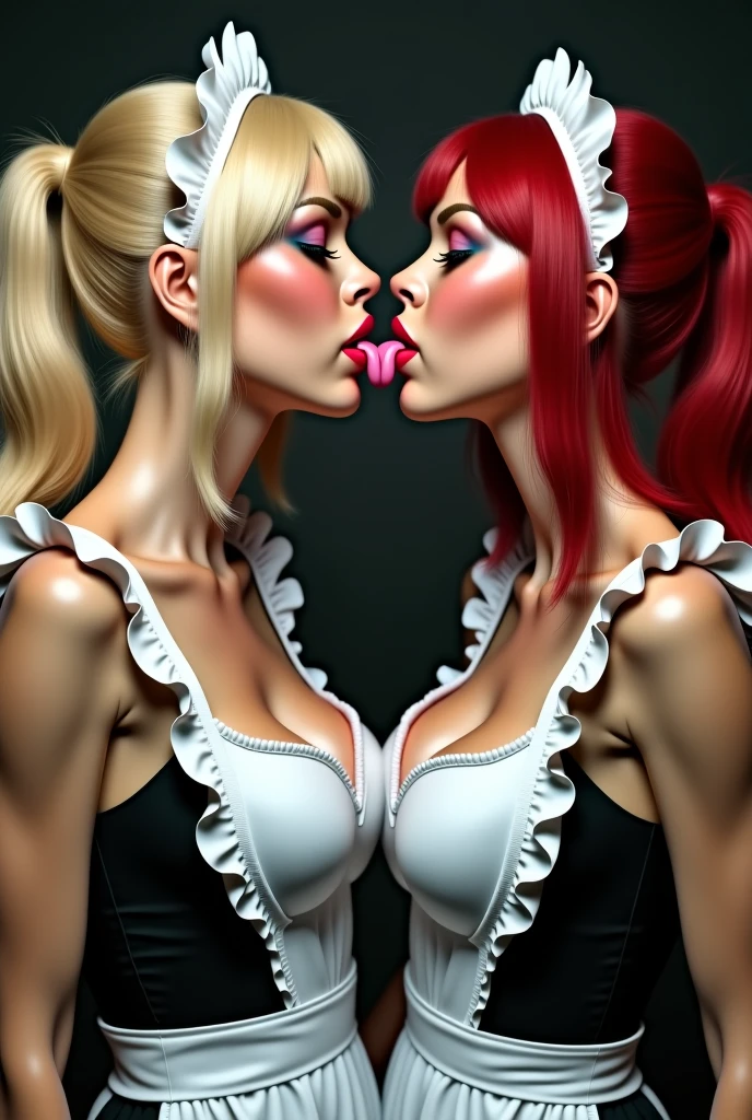 Sexy woman, ((((Two heads one body))), conjoined interracial fraternal twins, left half of body and head asian woman with blond hair, right half of body and head white woman with red hair, large breasts, sexy maid outfit, lactating nipples, tongue on tongue, conjoined tongues, tongues fused into one thick tongue, (((shared tongues merged into one thick tongue)), (((French kissing, tongues kissing)), (((two tongues merging into one shared tongue))), fondling their own breasts, fingering vagina