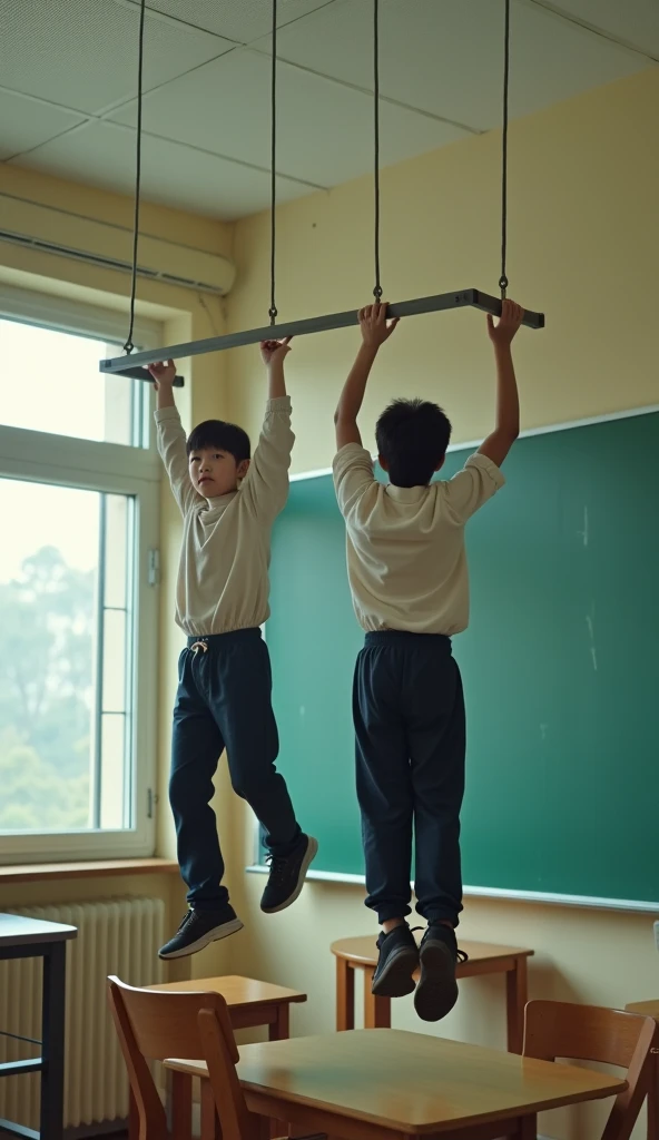 2children from , Parlero, dentro, (obra maestra, La mejor calidad, absurdos ), escuela,Classroom two shirtless kids are in school have sweatpants looking into each other's eyes sadly are in the sports room