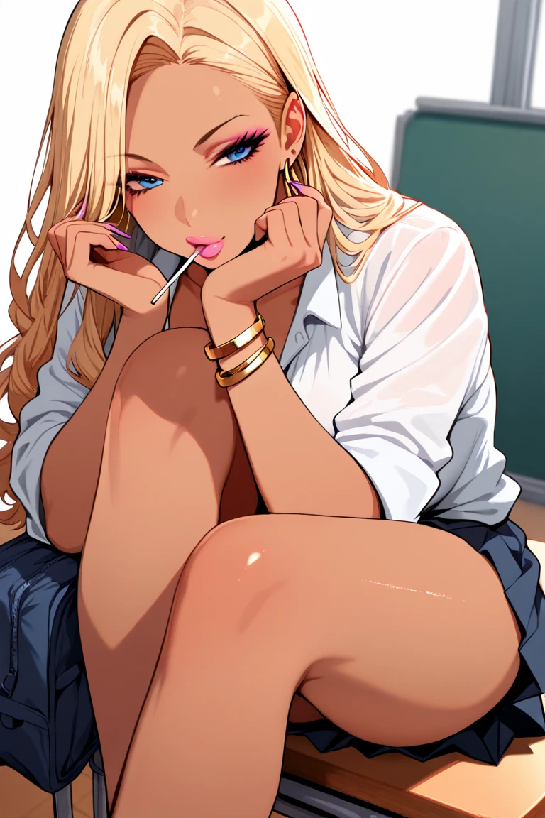 nsfw,superrealistic anime,masterpiece,ultra detailed,8k,white dress shirt,school cardigan,(short plaid pleated skirt),curvy body,(tanned skin:1.1),(japanese gyaru),seductive cute face,silver panties,lying on back on carpet,knees up,painted toe-nails,makeup,at messy private room,left lingeries and clothes on floor,wardrobe,desk,from above
