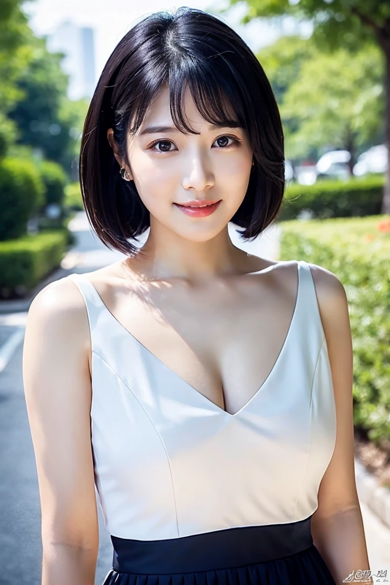 最high quality, In 8K, Masseter region, Vibrant, Sharp focus, high quality, High resolution, Detailed face, Fine grain, Thick lips, (Looking at the audience), alone, Beautiful woman, 30 years old, Japanese women, （Short black hair:1.4）、（Bob Hair:1.4）, Cleavage, Lunch break、Big city park、Green grass、In front of a large fountain、（sitting on a park bench:1.3）、（Full body photo:1）、（White formal dress:1.5）、（Knee-length dress:1.5）、（Black pumps:1.5）、（red lipstick:1）、（smile:1.3）、（Standard body shape）、（D cup breasts）