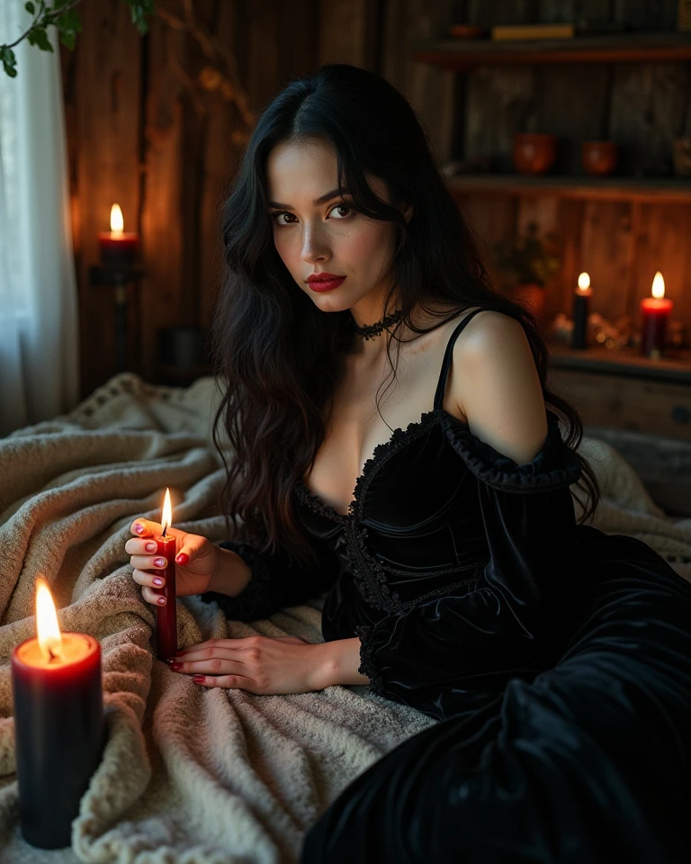 Photo of a realistic girl with long, flowing light hair, radiantly dressed in a beautiful sexy black dress featuring an elegant neckline and open shoulders. The background is beautifully lit with candles, creating a warm and inviting atmosphere. enhancing the detail and visual impact of this masterpiece.beauty face, detailed face