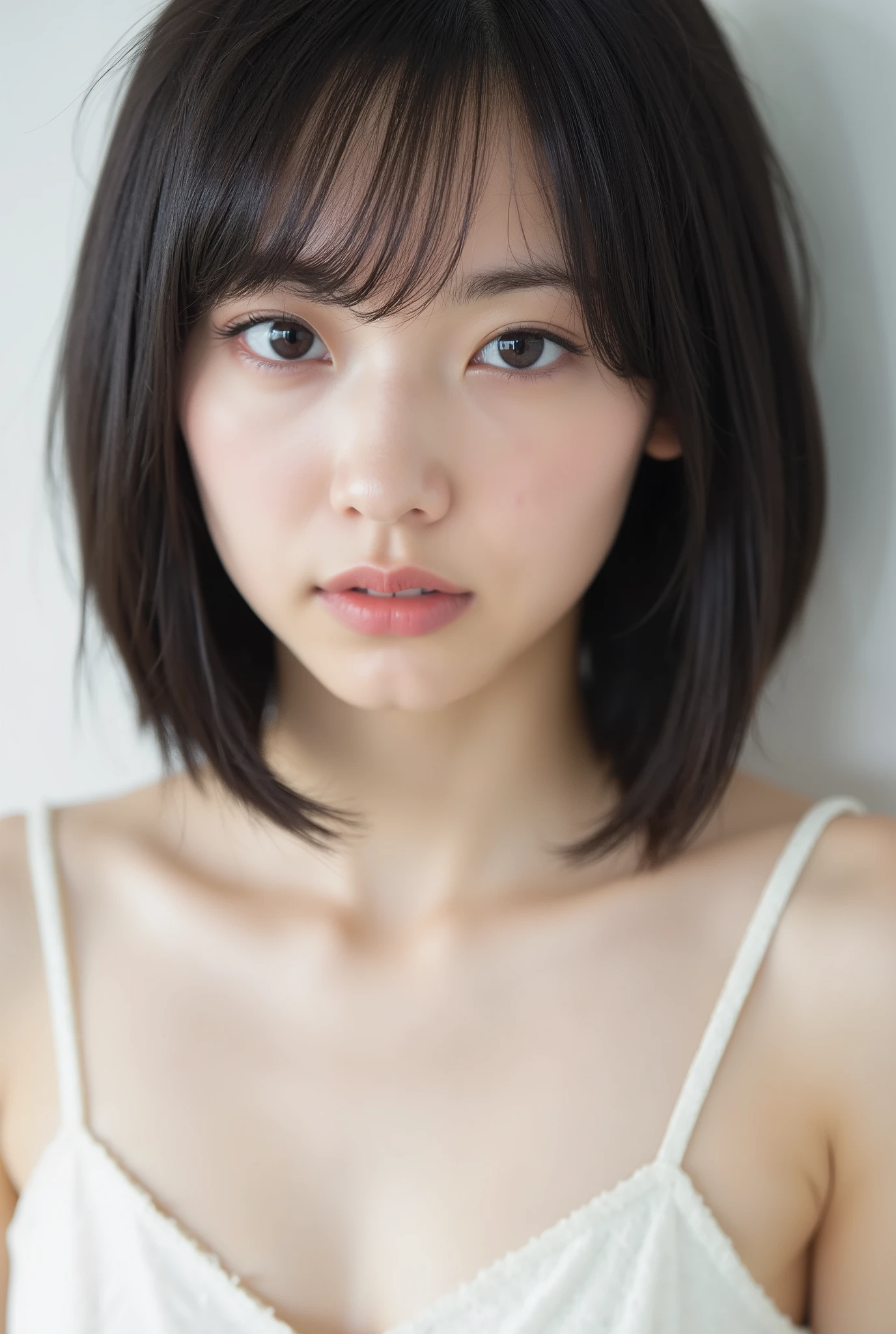 Create a portrait of a very beautiful Japanese actress, focusing on a close-up from the shoulders up. She has a slender physique and a small bust. The setting is a photography studio, and the lighting should be bright and clear, reminiscent of using a white reflector. Her hair is of short length.