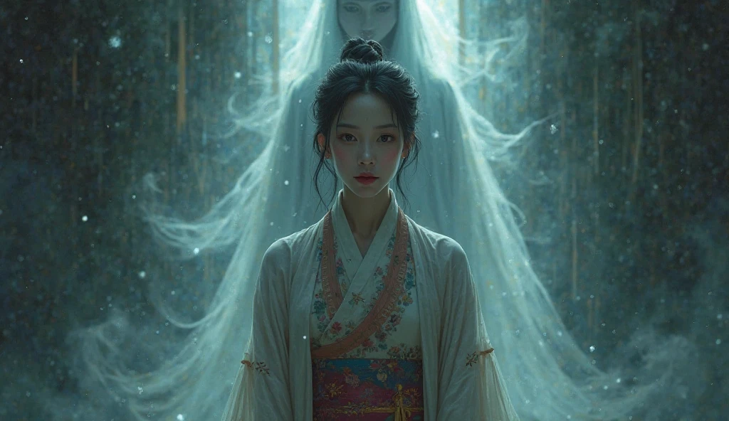 Calm colors、Hundreds of jellyfish、Black-haired woman、White kimono、Dirty clothing、Hair that hides the face、Standing Eerie。Nightmare illustration、Surreal fantasy、Thick Fog、ruins、Centipedes crawling all over the wall、darkness、Jet Black