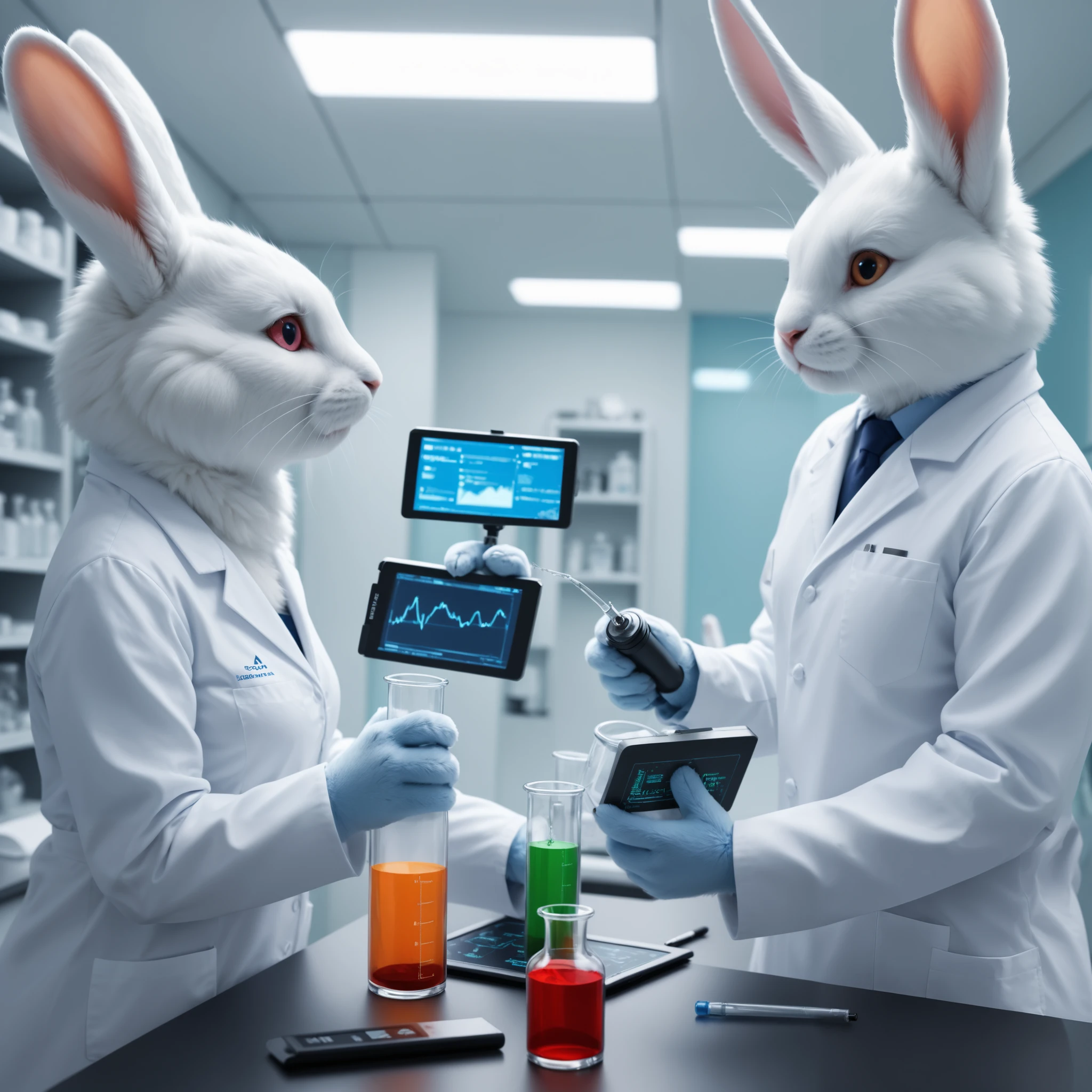 Two rabbits, dressed in white lab coats, are holding test tubes and discussing inside a research facility. The laboratory has a scientific atmosphere, filled with test tubes, beakers, and electronic equipment. The rabbits appear serious as they discuss the progress of their experiment. One rabbit points at the contents of a test tube while explaining, and the other nods while making a note. The research lab is bright and clean, with futuristic-looking devices arranged neatly. The image is highly realistic and high-resolution, with detailed rendering of the rabbits' ears, hands, and feet, ensuring a natural and lifelike appearance.