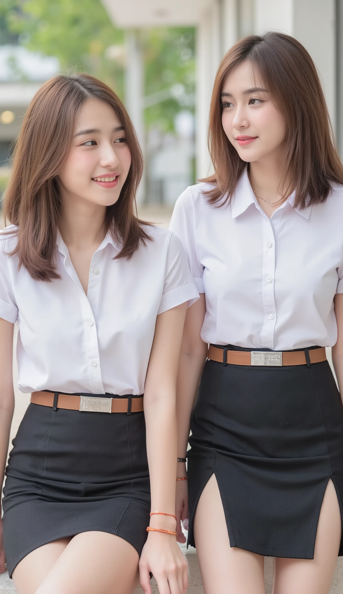Two young Asian girls with stylish brown hair, cute smiles, and braces. Both have slender figures and are wearing white short-sleeve blouses tucked into short black pencil skirts with side slits. They wear suede dark brown belts with university rectangle silver emblems at their waists and simple bracelets. They are in a random university setting, looking away with natural and charming expressions. She sit sexy pose see muddy green panties inside.