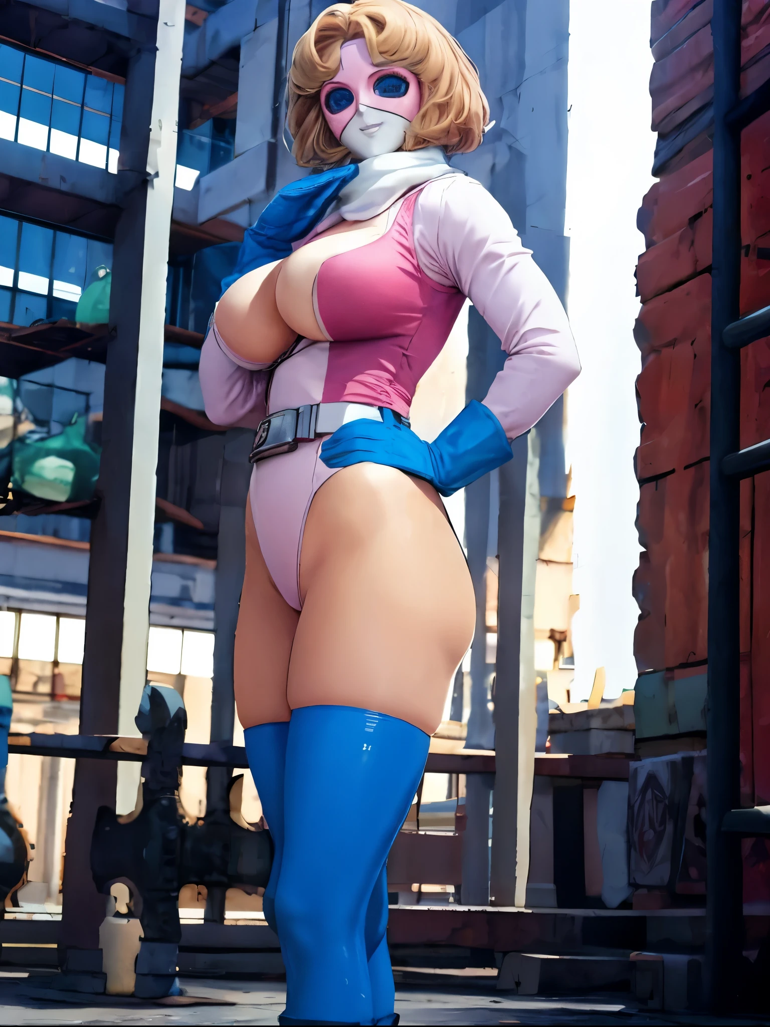 Building roof(background):1.6, 1 girl:1.5, masterpiece, Best Quality, best detail, Optimal ratio, best anatomy, Face in vest, best shaped breasts, (photorealistic looking happy:1.37, Genuine), High-definition CG integrated 8K wallpaper, DSLR, SOFT LIGHTING, Miss America ,  battle fever j ,  power rangers, blonde hair, short hair, mask, masked, pink leotard with beautiful big breasts and a slender waist,Beautiful big butt and muscular beauty々blue gloves,  Blue Boots, belt, white scarf, standing,