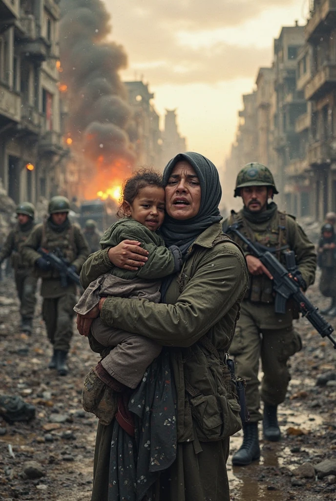 Palestinian women is crying with her kids there is a war and rockets tanks soldiers on background, houses are fired, image size for instagram stories