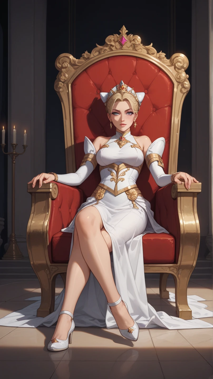 (masterpiece, best quality), beautiful queen, sultry face, 1lady, solo, elaborate skimpy white and red and blue dress, short blonde hair, sultry green eyes, elaborate throne room, gold bracelets, small breasts, narrow hips, sitting on throne, white high heels, Greek Goddess