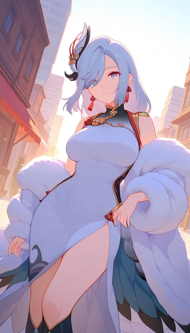 Lawsuit, a character from Tate no Yuusha, In his adult human form, She is a tall woman who has short silver hair., with an elegant and voluminous look, Big red eyes with a seductive look but still maintaining their characteristic shine. Figure of pronounced curves, big bust, narrow waist and wide hips. She wears a blue slingshot swimsuit with ruffles and elegant pink feather bows that highlight her extremely voluptuous figure with much larger than normal breasts.. swollen nipples, Carrying on his shoulders a large Queen's coat. Large, feathered ears, similar to those of a bird but adapted to its more adult appearance. Serious and emotionless expression, reflecting his dominant and indifferent personality with a touch of maturity. Dark and sensual expression, reflecting his imposing personality. His expression is haughty and self-confident., with cold and calculating eyes . She has a voluptuous and well-proportioned figure.., con un big bust y curvas acentuadas. A confident expression on his face, showing his characteristic seductive and elegant gesture, muscular legs (masterpiece quality, High resolution, detailed background, sitting on a throne with her legs crossed: 1.22), (giant breasts: 2.35), looking at the viewer, crimson thigh-high stockings and gold high-heeled shoes. Her expression is confident and seductive..