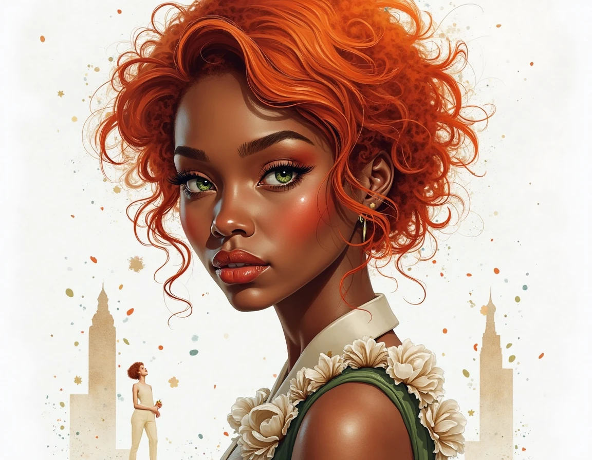A black woman with red hair and light green eyes, wearing elegant party clothes, with scattered contours and white background, intricate details, low key, watercolor, splash