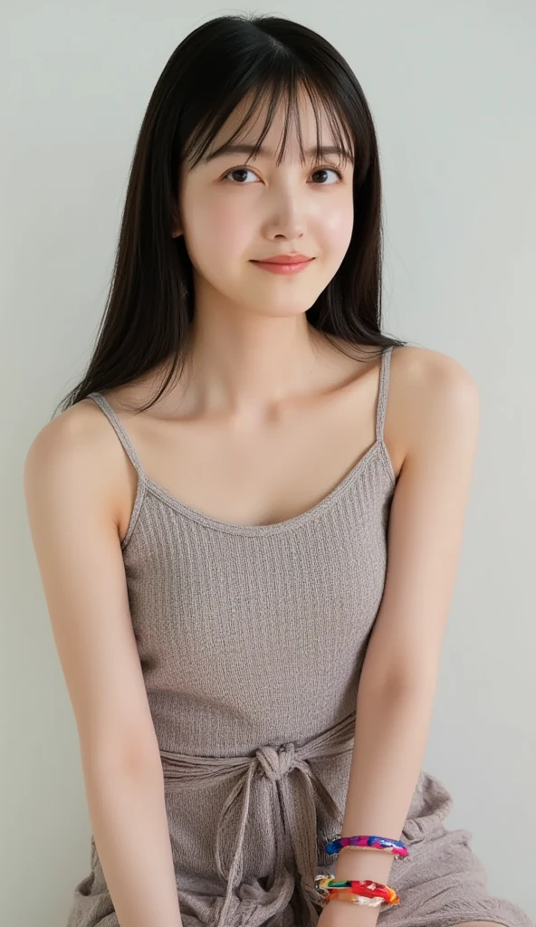 A Japanese lady, skinny figure, small breasts, extremely thin waist, beautiful face, beautiful eyes, natural make up, black long hair, wearing a tight grey dress with an open back design, looking back at your audience, 1girl in, solo, detailed face and eyes, detailed fingers and arms. Full body photo. Realistic, Photorealistic.