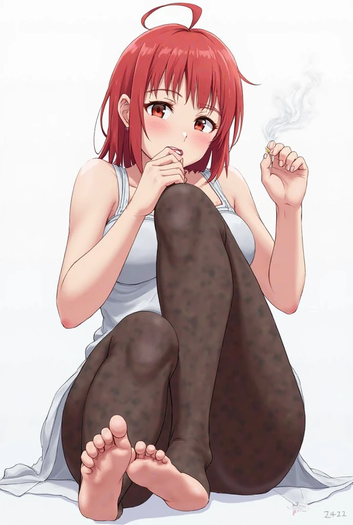 score_9, score_8_up, source_anime, 1girl, solo <lora:ffchan-pdxl-nvwls-v1-000006:1> ffchan, fox ears, fox tail, orange tank top, denim shorts, sitting, couch, sweating, tired, smile, red sclera, holding cigarette, plume of smoke, smoke