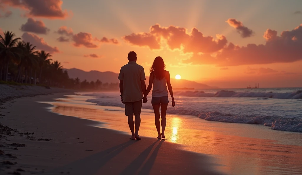 ((Couple watching sunset on a quiet sandy beach on a shallow seaside beach、Couple snuggling up and holding each other's hands and watching the sunset、Sunset seen from between the shadows of two people、Big sun setting on the horizon、The sunset turns the entire sky bright red、The area is Xu々It is getting dark in、Photographing the sunset from behind two people side by side)):1.8、8K、Raw photo、Highly detailed background,Realistic,ultra-detailliert,super detailed skin,light glow,Film grain,Expro II,Lens Flare,Sharpen,cinematic shadow、Photorealsitic