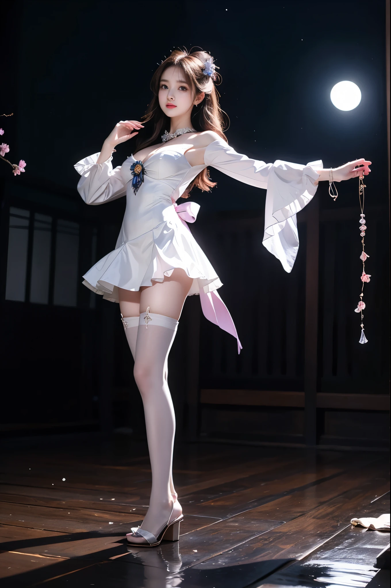 sangonomiya kokomi,hair ornament,white pantyhose,white half gloves,frilled sleeves,bow-shaped hair,bow,detached collar,sandals,white panties,1girl,solo,widesleeves,longhair,purple eyes ,,(full body:1.3), (from below:1.3), A stunningly beautiful woman standing gracefully,(Night:1.3, moonlight:1.2, fireflies, blue plasma flames), (elegant standing pose:1.2), (seductive leg pose:1.3), (Full bust, visible cleavage, Very short hemline), natural lighting, soft shadows, shallow depth of field, professional photography. defined cheekbones, expressive eyes, subtle smile, soft and delicate features. Her hair is flowing and adorned with the flowers, a gentle breeze, creating a sense of whimsy and natural beauty. A hint of allure, Focus on the beauty and serenity of the scene.