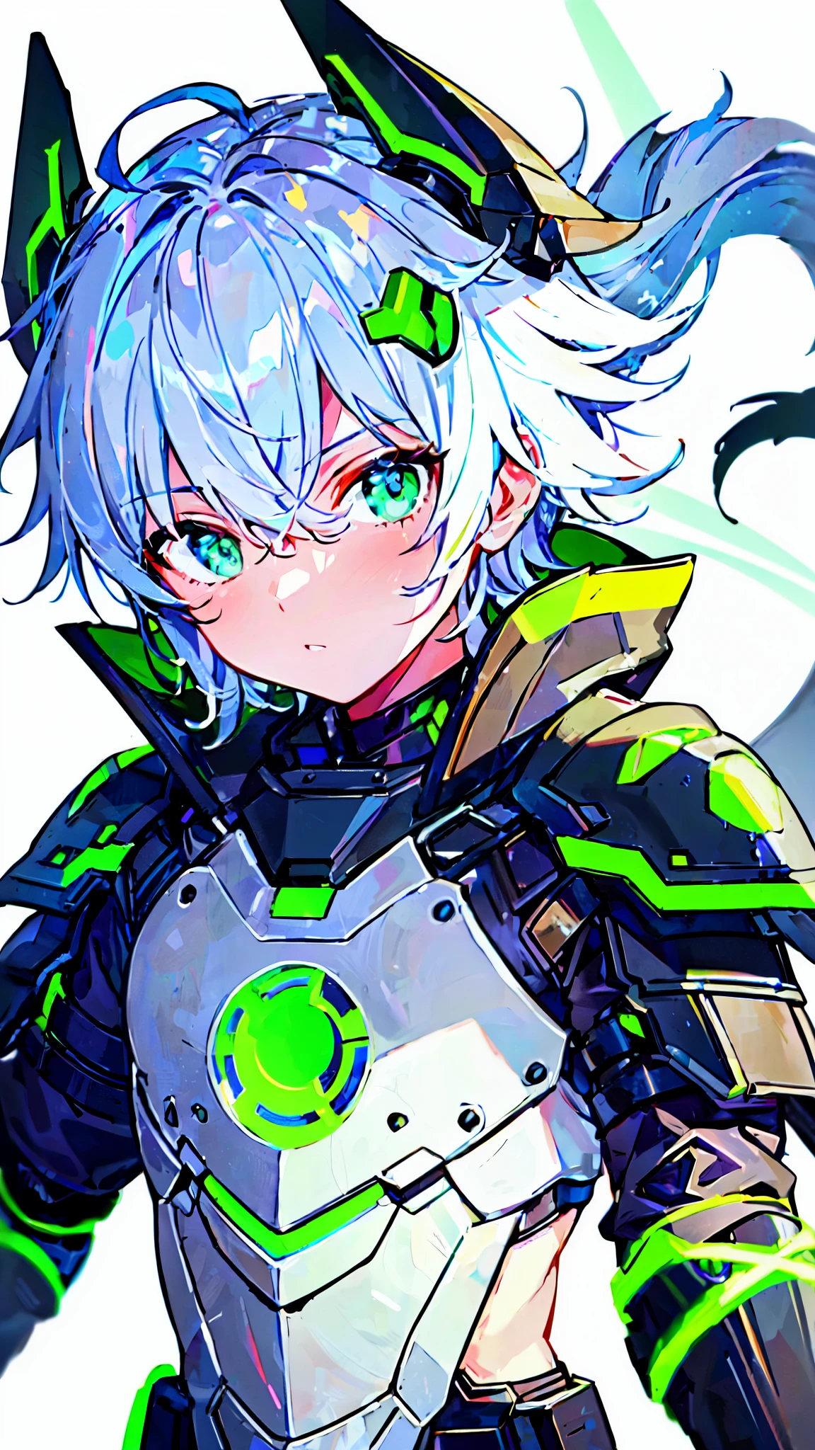 [(WHITE BACKGROUND:1.5),::5], ((masterpiece)), high quality, ultra very high resolution, full color, ((solo)), ((little younger boy)), Black cyborg armor, (assassin armor), ((mechanical tail)), ((men's White hair)), (Green eyes), anime, (upper body), face up, Green neon light,