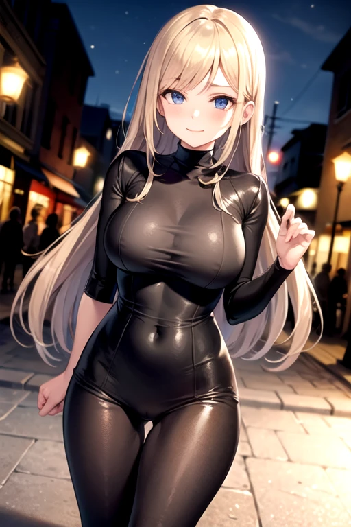(8k, RAW photos, top quality, masterpiece: 1.2), ultra detail, super resolution, (real, real photos: 1.37),1 girl,20 years old,dark blonde hair,straight hair,detailed hair,beautiful face,detailed face, blue eyes,detailed eyes,(Thight black Bodysuit,Long Bodysuit,long sleeves),detailed bodysuit,small breasts,standig straight,looking at viewer,skinny body,(thick thighs:1.5),wide hips,feminine hips,sneakers,outside,cinematic light,full body view,Arms behind back,narrow waist,standig straight,