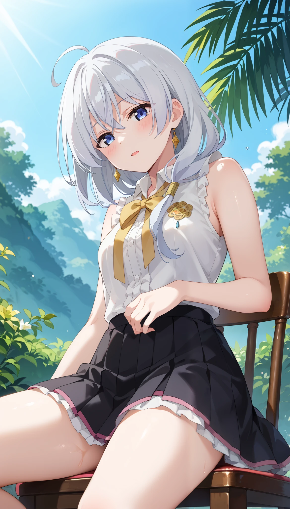 Elaina (Majo no Tabitabi)、white sleeveless shirt、black skirt、Slim and beautiful thighs、 Silver Hair、1 person、Outdoors、low angle、chair in a half-sleeping position、Ulchan-6500-v1.1, ( RAW photos :1.2), beautiful detailed, very detailedな目 美しい目, beautiful eyes、Blue eyes、large file size, high definition, very detailed, top quality, [masterpiece:1.6], Awareness-raising, very detailed, finely, top quality, 8K wallpaper,  Perfect Body 、very detailed、sex