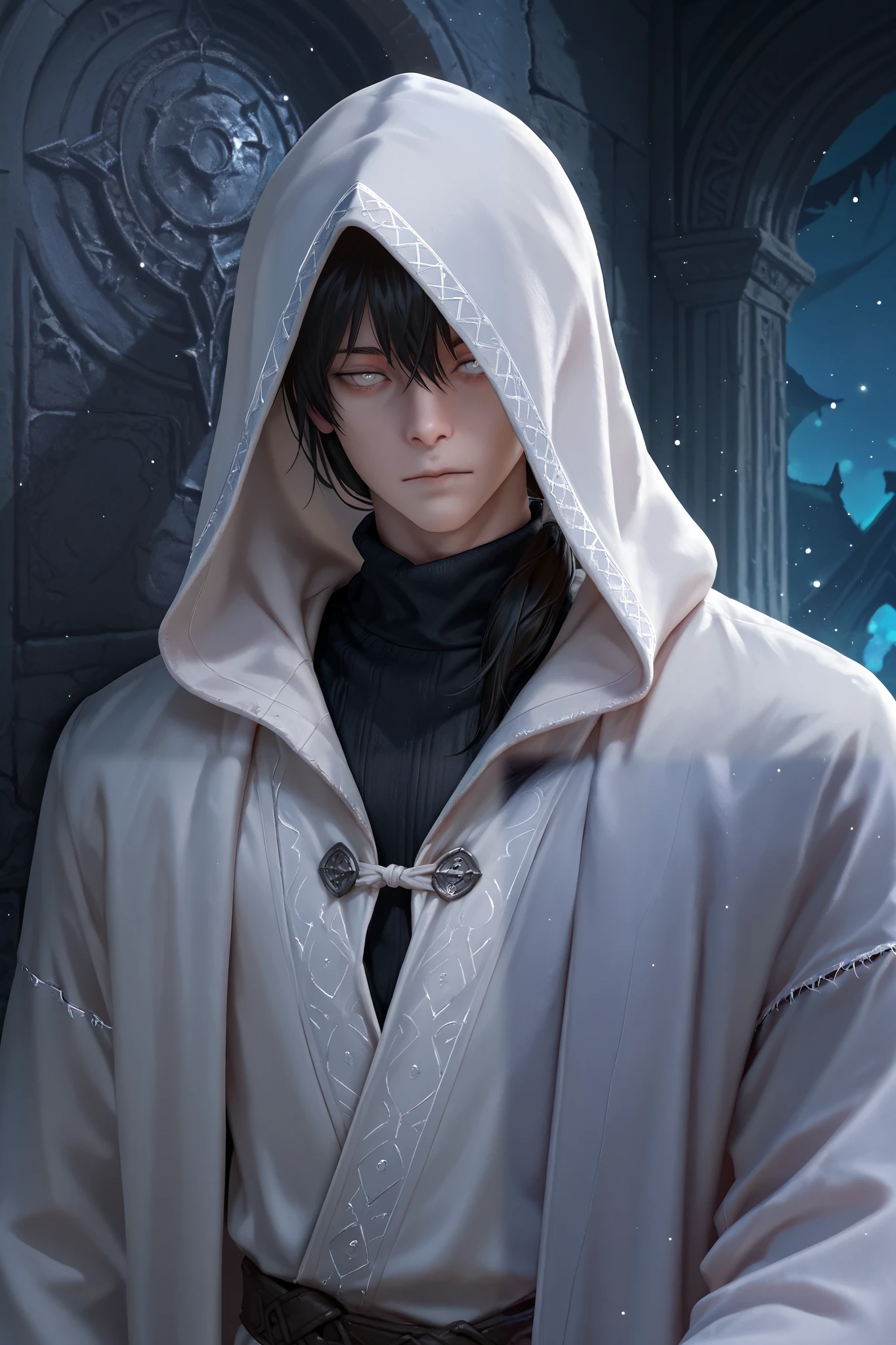 masterpiece, best quality, detailed eyes, semi realistic, 8k, boy, cool, small, white robe coat, black sweater, short black low ponytail hair, white eye, fantasy, solo character, wearing hood, white particles, fantasy temple background, night time, upper body, emotionless face, lean against the wall