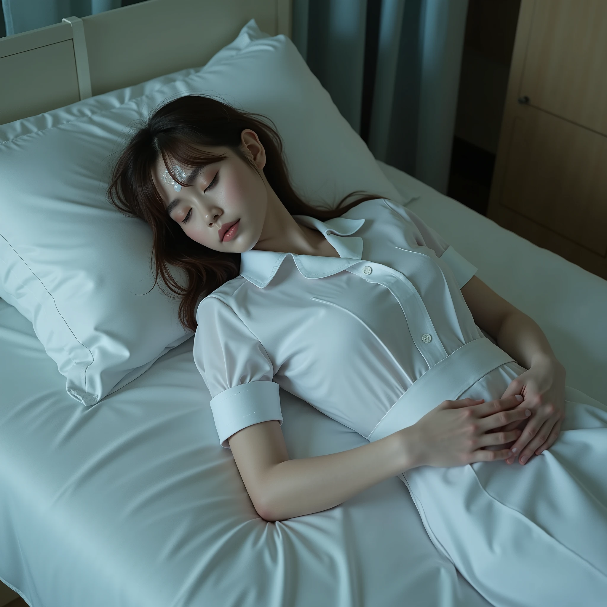 A pretty Japanese woman is laying unconscious on the bed, both arms behind her back, eyes close, very bright white skin, brown spread hair, natural bang, wearing a nurse uniform, tight short skirt, cum on her forehead, photorealistic, hyperrealism, whole body from head to feet,