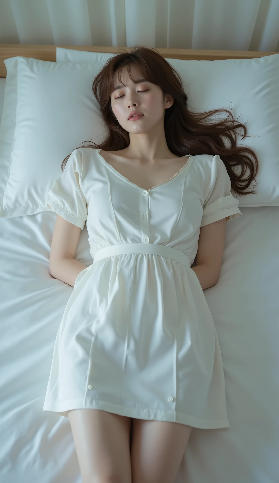 A pretty Japanese woman is laying unconscious on the bed, bound wrists behind your back, eyes close, very bright white skin, brown spread hair, natural bang, wearing a nurse uniform, tight short skirt, eye close, photorealistic, hyperrealism, whole body from head to feet, cum on legs,
