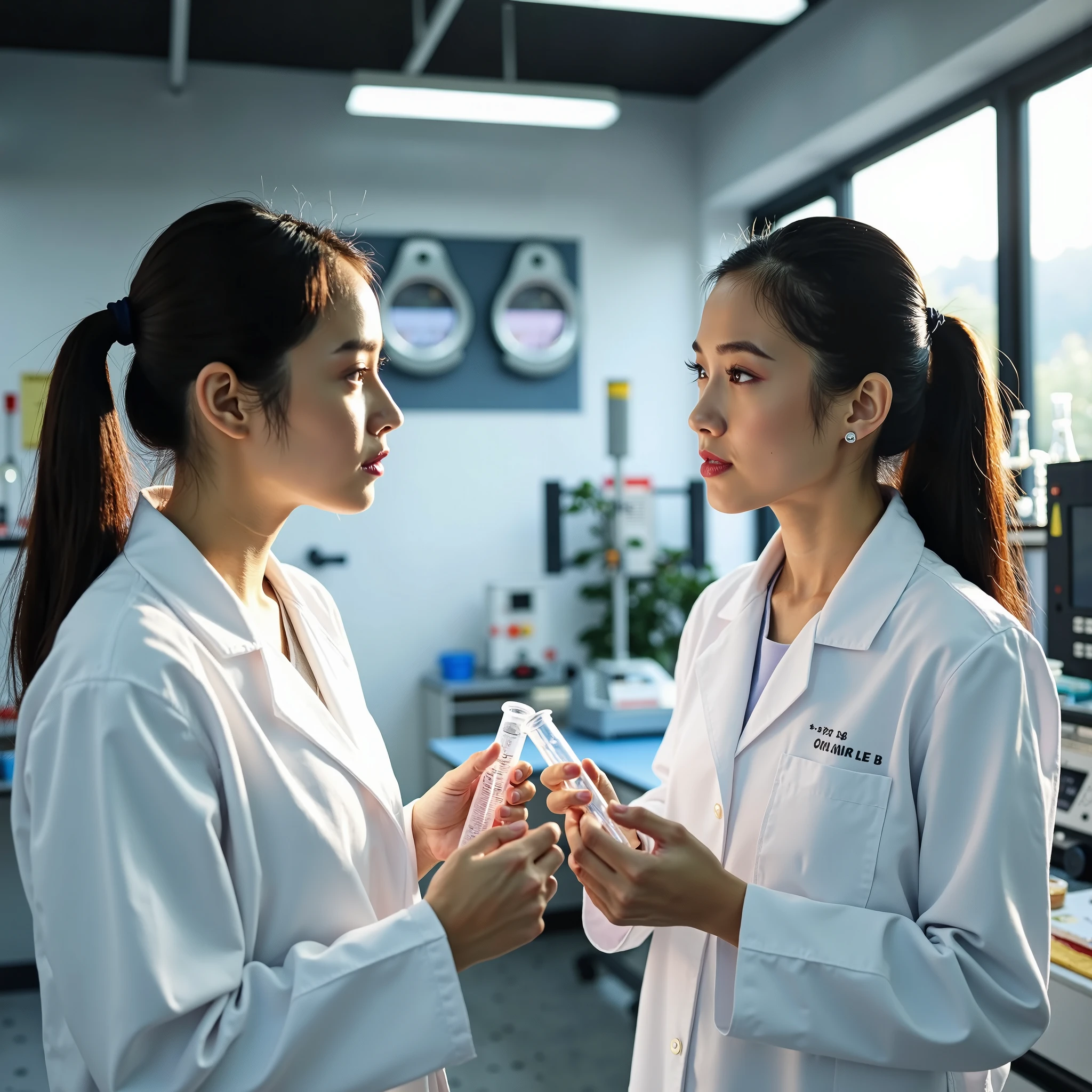 Two young women, dressed in white lab coats, are holding test tubes and discussing inside a research facility. The laboratory has a scientific atmosphere, filled with test tubes, beakers, and electronic equipment. The women appear serious as they discuss the progress of their experiment. One woman points at the contents of a test tube while explaining, and the other nods while making a note. The research lab is bright and clean, with futuristic-looking devices arranged neatly. The image is highly realistic and high-resolution, with detailed rendering of the women's hands, facial expressions, and posture, ensuring a natural and lifelike appearance.