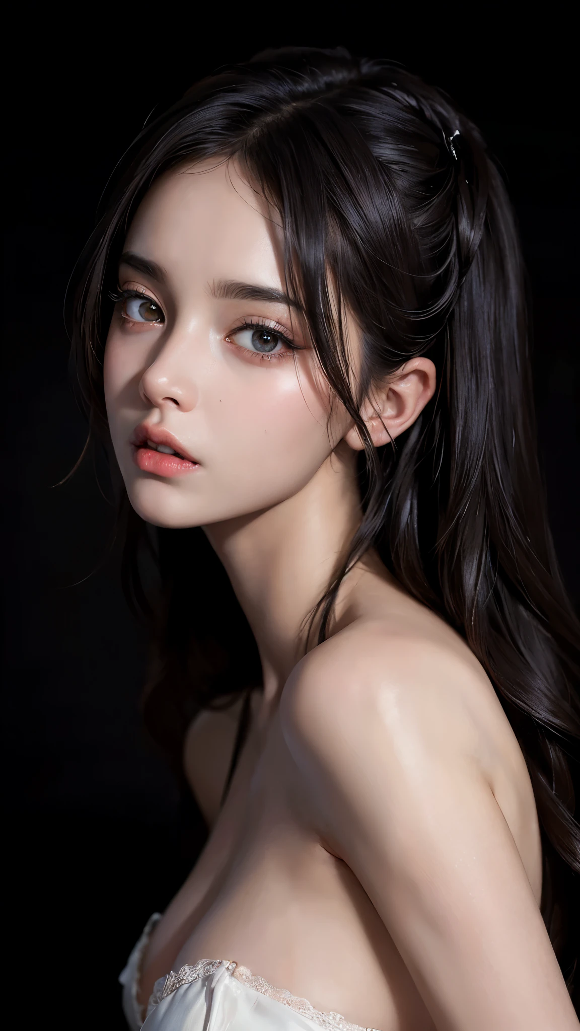(Best quality, Ultra detailed, Golden ratio, Masterpiece:1.2), Theatrical lighting:0.7, Photo of a 19 year old Wednesday Addams, dressed in a vintage ((see-through)) ((black)) night gown, lean body, small perky breasts, ((pierced nipples)), Perfect rare face, (Highly detailed skin), long straight black hair with braids on the side, ((perfect aligned black eyes)), Hide your mouth with your hands、natural skin texture, ((Pale skin)), shiny skin, (thin, large size:1.2), [:(Sharp focus on rare face, perfect eyes:1.2):0.2], photorealistic, film grain, Put one foot forward、from below looking up、look at camera. Focus on face、Smile with corners of mouth raised、disdainful expression, summer haze, muted colors, muted warm colors, Photo cinematic portrait of a 19 year old Wednesday Addams in the early morning, cinematic, (tilted:1.3) look cautious, standing under a spotlight, volumetric dust clouds, key light, backlight, soft natural lighting, photography Film grain ISO 400 30 mm lens RAW f1.8 aperture, highly detailed (analog photography:1), colors hdr