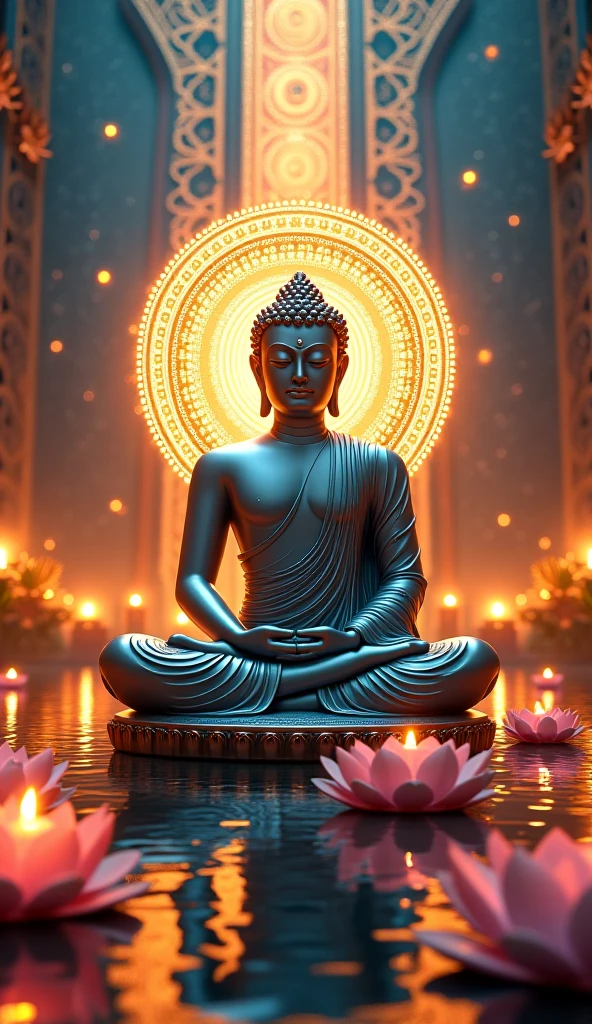 The Buddha statue sits in the lotus position,There is light in the background, floating in a powerful zen state, Buddhism, a Buddhist Buddha, tithi luadthong, Serene expression, enlightening. Intricate, Spiritual enlightenment, Buddhist, On the road to enlightenment, samsara, sitting on a lotus flower, Buddha, Beautiful depiction, On the road to enlightenment, enlightening, The Hindu phase of meditation
