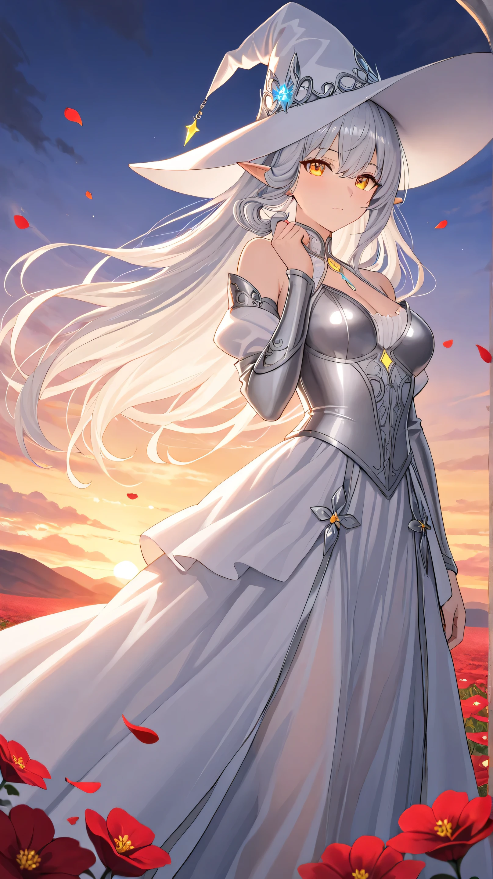 Masterpiece, Best Quality, Top Quality, Very Detailed, Beautiful anime elf witch with long flowing silver hair and glowing amber eyes, standing confidently against a dramatic sunset backdrop. She wears a dark, elegant witch hat adorned with red flowers, and a form-fitting silver armor-like dress with intricate patterns. The scene is filled with swirling white ribbons and falling red petals, giving a sense of motion. Warm golden light from the sunset illuminates her face and hair, casting a soft glow. The mountains in the background fade into shadows, enhancing the mystical and enchanting atmosphere. Highly detailed, with a blend of fantasy and ethereal elegance, sharp focus on the character, soft bokeh effect on the background.