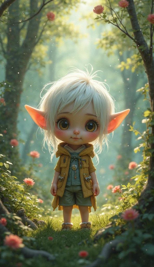 A 18 to 19 year old, male, lamb ears and tail, colorful flower crown, comfy but dirty clothes, white-ish gray hair, glasses with dangling things, dull blue eyes, freckles, frail, softy, loves nature, short fluffy hair, scars