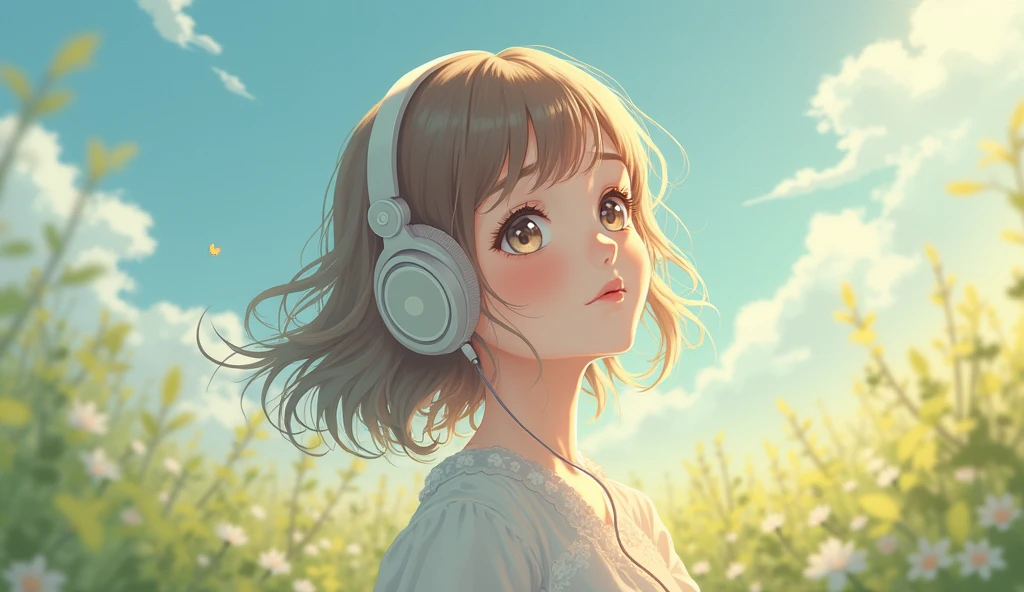 Anime Style、girl、15Age、Brown Hair Color、grassland、Sit leaning against a large tree、With a book in hand、Listening to music through headphones、Hair blowing in the wind、sunny day、spring