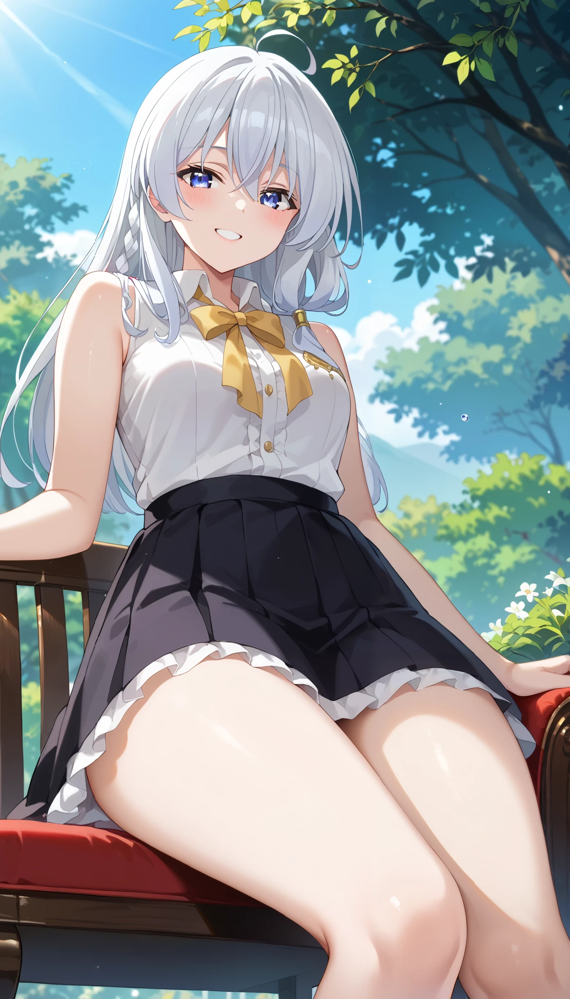 Elaina (Majo no Tabitabi)、white sleeveless shirt、black skirt、Slim and beautiful thighs、 Silver Hair、1 person、Outdoors、low angle、chair in a half-sleeping position、smile、Ulchan-6500-v1.1, ( RAW photos :1.2), beautiful detailed, very detailedな目 美しい目, beautiful eyes、Blue eyes、large file size, high definition, very detailed, top quality, [masterpiece:1.6], Awareness-raising, very detailed, finely, top quality, 8K wallpaper,  Perfect Body 、very detailed、sex