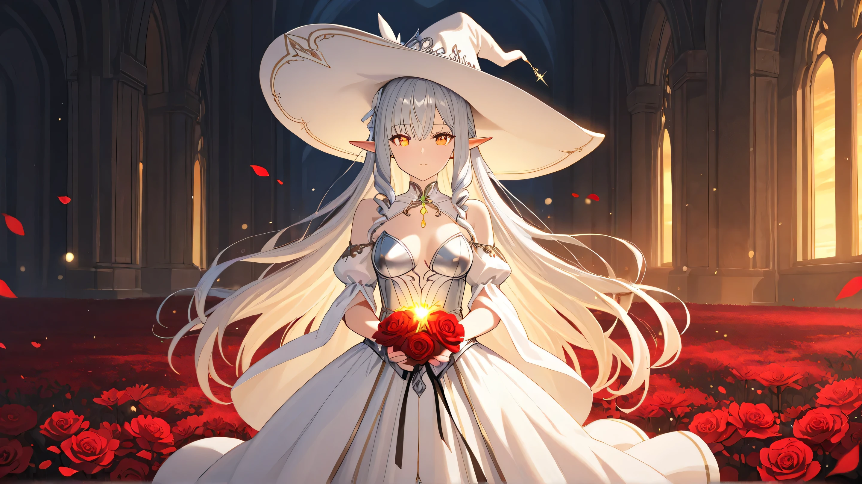 Masterpiece, Best Quality, Top Quality, Very Detailed, Beautiful anime elf witch with long flowing silver hair and glowing amber eyes, standing confidently against a dramatic sunset backdrop. She wears a dark, elegant witch hat adorned with red flowers, and a form-fitting silver armor-like dress with intricate patterns. The scene is filled with swirling white ribbons and falling red petals, giving a sense of motion. Warm golden light from the sunset illuminates her face and hair, casting a soft glow. The mountains in the background fade into shadows, enhancing the mystical and enchanting atmosphere. Highly detailed, with a blend of fantasy and ethereal elegance, sharp focus on the character, soft bokeh effect on the background.