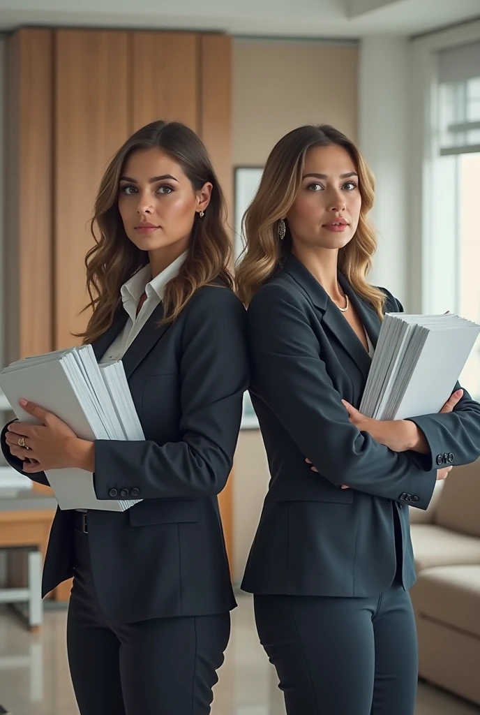 ((best quality)), ((masterpiece)), (detailed), perfect face, Professional businesswomen collaborating in a stylish office cabin with sophisticated decor, featuring a polished table and comfortable chairs.