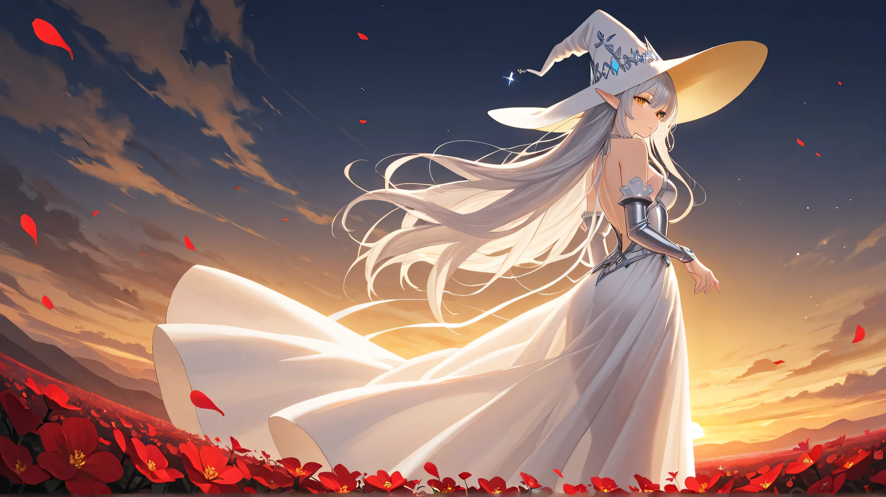 Masterpiece, Best Quality, Top Quality, Very Detailed, Beautiful anime elf witch with long flowing silver hair and glowing amber eyes, standing confidently against a dramatic sunset backdrop. She wears a dark, elegant witch hat adorned with red flowers, and a form-fitting silver armor-like dress with intricate patterns. The scene is filled with swirling white ribbons and falling red petals, giving a sense of motion. Warm golden light from the sunset illuminates her face and hair, casting a soft glow. The mountains in the background fade into shadows, enhancing the mystical and enchanting atmosphere. Highly detailed, with a blend of fantasy and ethereal elegance, sharp focus on the character, soft bokeh effect on the background.