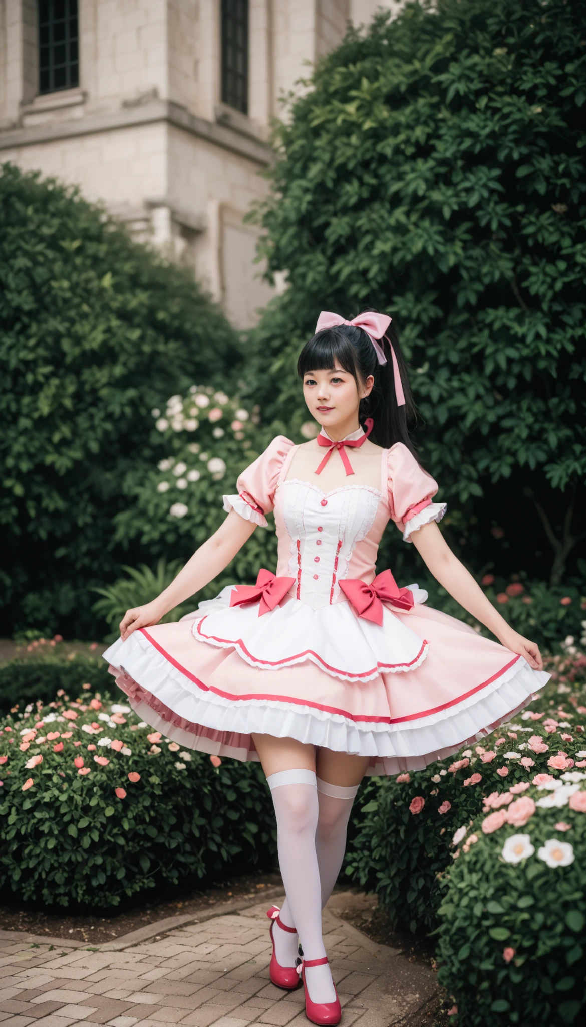 1 girl、running、 black hair、ponytail、blunt bangs, hair ribbon、pink、Magical Girl Clothes、miniskirt、ruffle dress, pinkのリボン, pinkチョーカー, layered skirt for two to spread legs, white stockings、pinkのハイヒール、flower garden with a view of the castle in the distance、from front,cowboy shot,looking at viewe