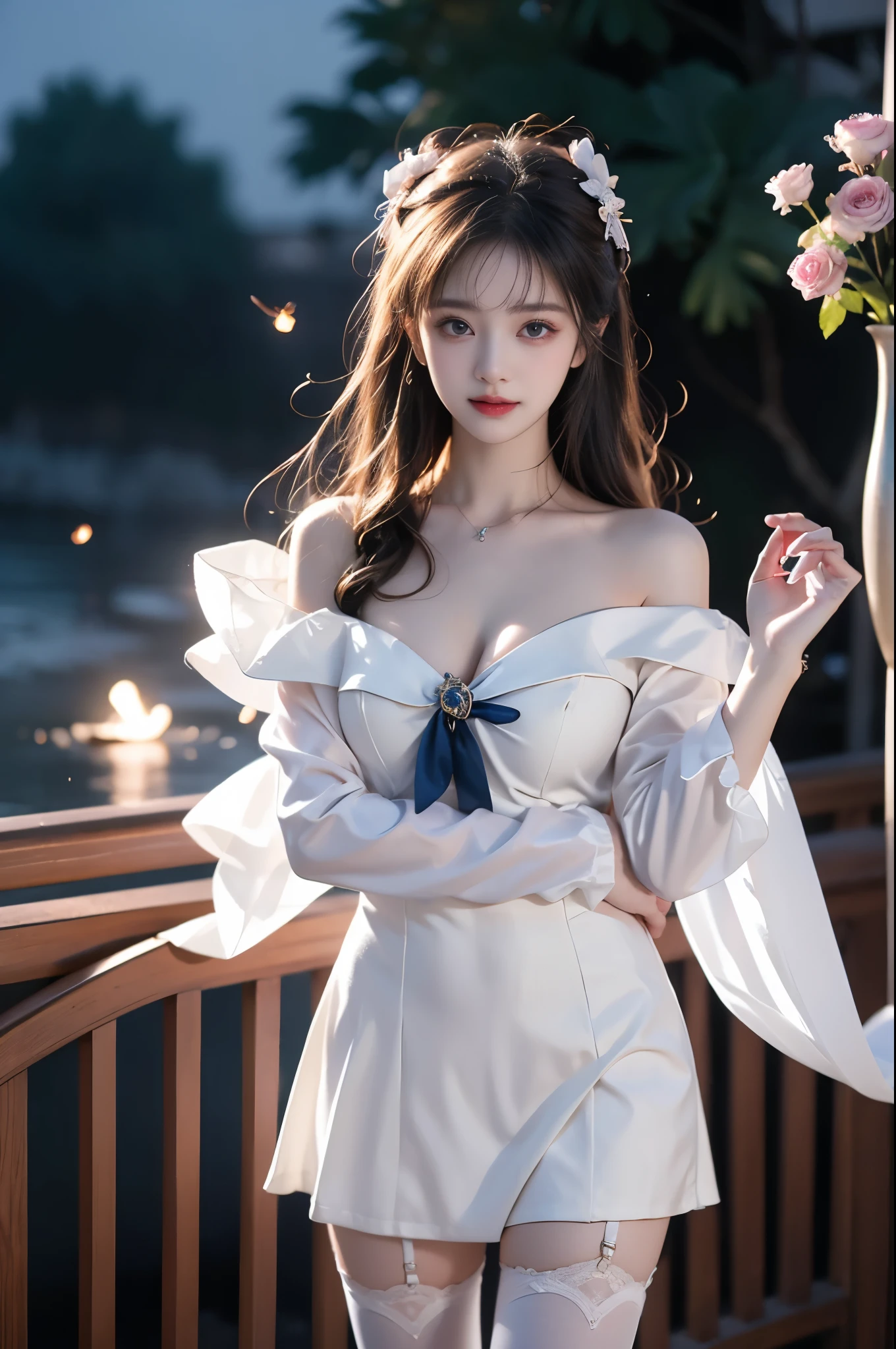sangonomiya kokomi,hair ornament,white pantyhose,white half gloves,frilled sleeves,bow-shaped hair,bow,detached collar,sandals,white panties,1girl,solo,widesleeves,longhair,purple eyes, ,,(knee shot:1.3), A stunningly beautiful woman standing gracefully,(Night:1.3, moonlight:1.2, fireflies, blue plasma flames), (elegant standing pose:1.2), (seductive leg pose:1.3), (Full bust, visible cleavage, Very short hemline), natural lighting, soft shadows, shallow depth of field, professional photography. defined cheekbones, expressive eyes, subtle smile, soft and delicate features. Her hair is flowing and adorned with the flowers, a gentle breeze, creating a sense of whimsy and natural beauty. A hint of allure, Focus on the beauty and serenity of the scene.