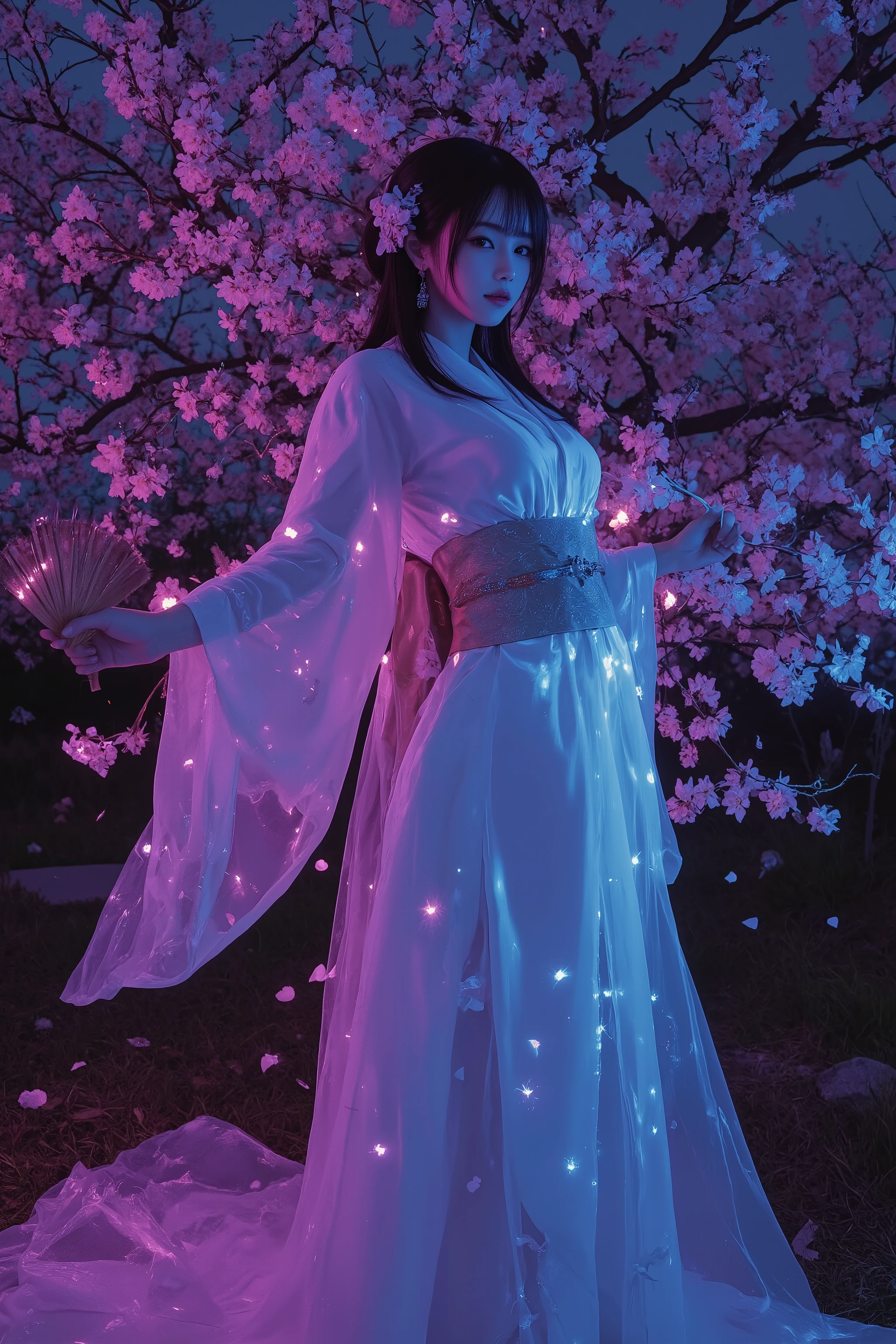Japanese Beauty , high quality, high definition, genuine leather , beautiful face, medium hair, With arms wide open、Wear a neat kimono, Underwear and lips with fluorescent top and bottom, covers nipples、Holding a glowing fan、A Japanese cherry garden that is fantastically illuminated at night, cherry blossoms dance, lens flare, Cherry blossom petals dance on the screen, cowboy shooting