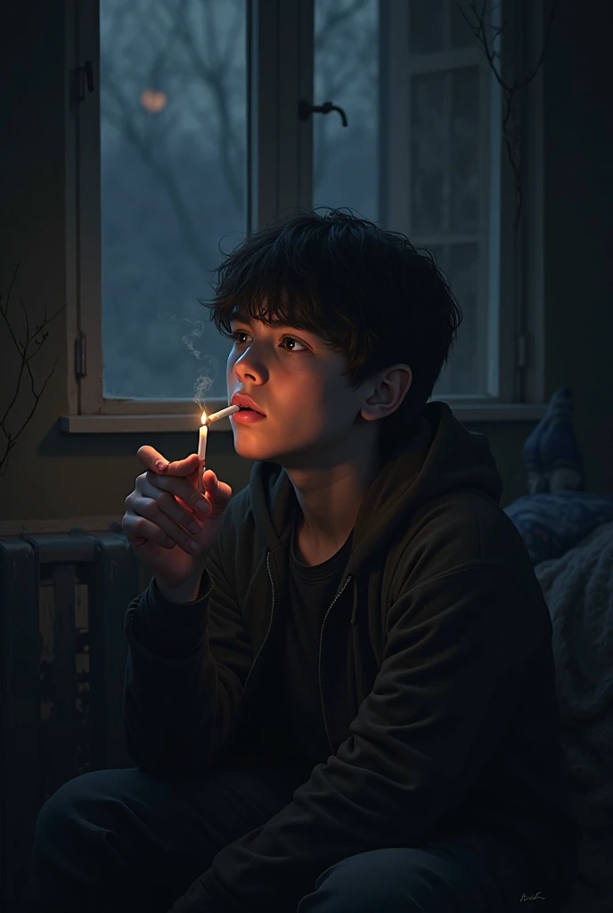 Boy holding a broken mirror, blood on his hands, in a bus, wet clothes, black clothes, night, moon lighting, high detail, photorealistic