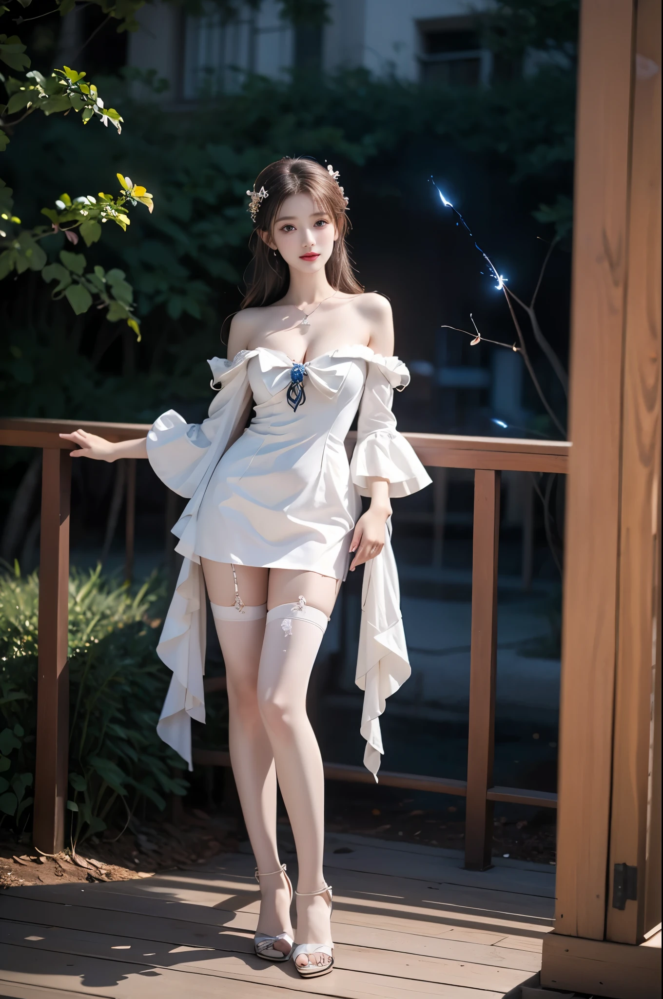 sangonomiya kokomi,hair ornament,white pantyhose,white half gloves,frilled sleeves,bow-shaped hair,bow,detached collar,sandals,white panties,1girl,solo,widesleeves,longhair,purple eyes, ,,(full body:1.3), A stunningly beautiful woman standing gracefully,(Night:1.3, moonlight:1.2, fireflies, blue plasma flames), (elegant standing pose:1.2), (seductive leg pose:1.3), (Full bust, visible cleavage, Very short hemline), natural lighting, soft shadows, shallow depth of field, professional photography. defined cheekbones, expressive eyes, subtle smile, soft and delicate features. Her hair is flowing and adorned with the flowers, a gentle breeze, creating a sense of whimsy and natural beauty. A hint of allure, Focus on the beauty and serenity of the scene.