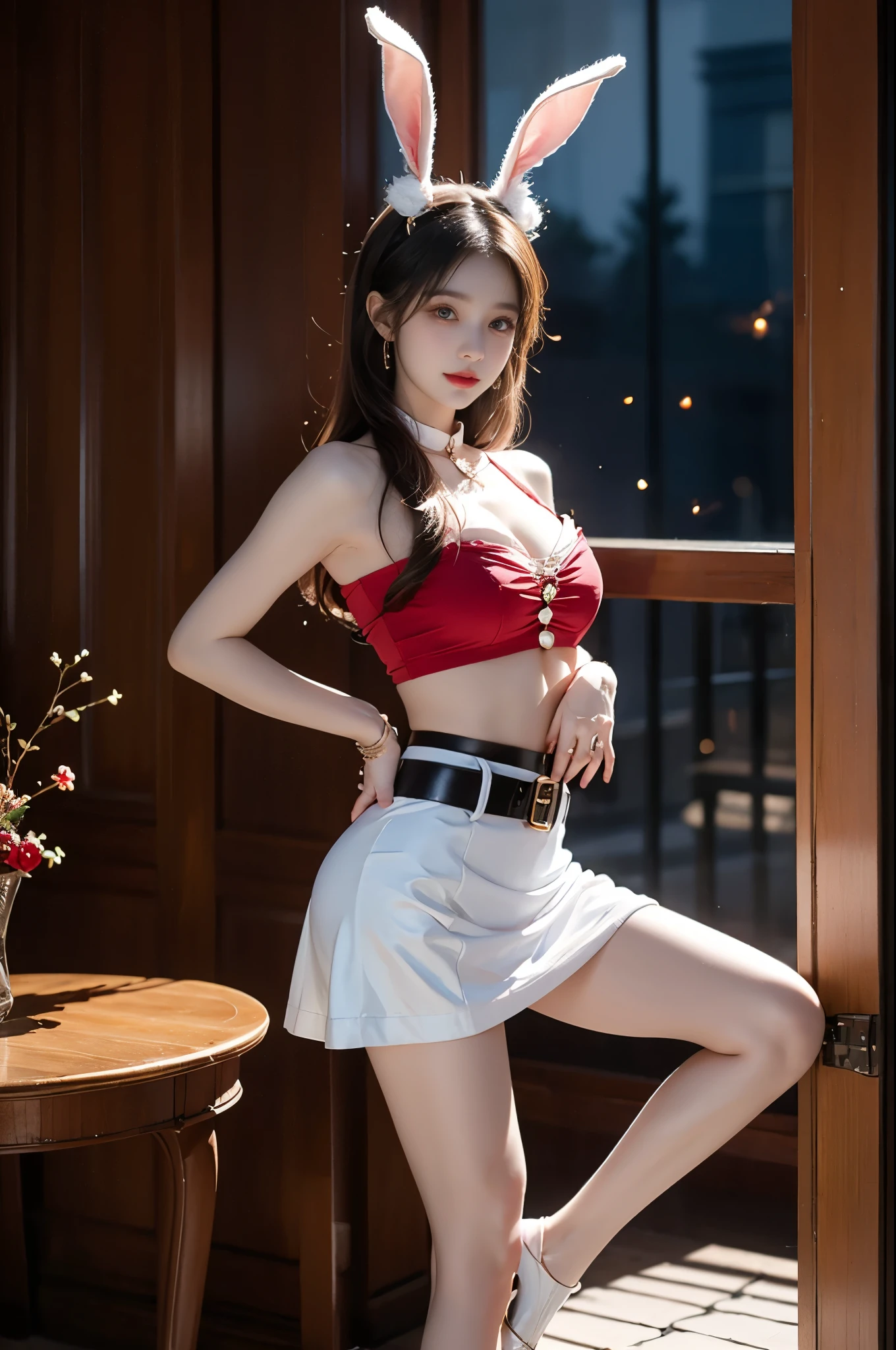 tutututu, bare shoulders, belt, crop top, red pencil skirt, miniskirt,christmas_dress,fur trim, red fingerless gloves, midriff, santa costume, rabbit tail, rabbit ears, fake animal ears,, ,,(knee shot:1.3), A stunningly beautiful woman standing gracefully,(Night:1.3, moonlight:1.2, fireflies, blue plasma flames), (elegant standing pose:1.2), (seductive leg pose:1.3), (Full bust, visible cleavage, Very short hemline), natural lighting, soft shadows, shallow depth of field, professional photography. defined cheekbones, expressive eyes, subtle smile, soft and delicate features. Her hair is flowing and adorned with the flowers, a gentle breeze, creating a sense of whimsy and natural beauty. A hint of allure, Focus on the beauty and serenity of the scene.
