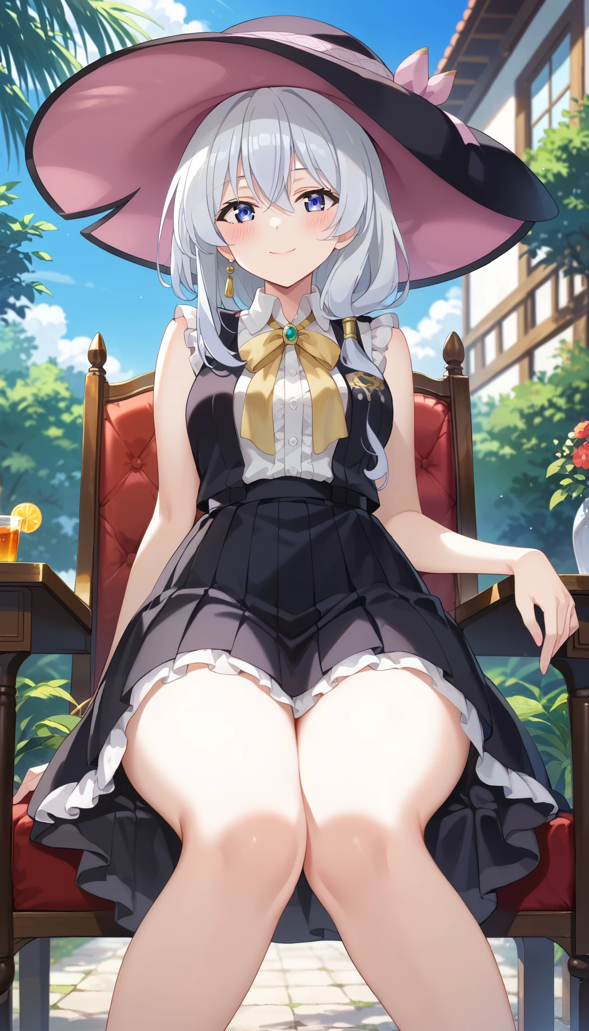 Elaina (Majo no Tabitabi)、white sleeveless shirt、black skirt、Slim and beautiful thighs、 Silver Hair、1 person、Outdoors、low angle、chair in a half-sleeping position、smile、Ulchan-6500-v1.1, ( RAW photos :1.2), beautiful detailed, very detailedな目 美しい目, beautiful eyes、Blue eyes、large file size, high definition, very detailed, top quality, [masterpiece:1.6], Awareness-raising, very detailed, finely, top quality, 8K wallpaper,  Perfect Body 、very detailed、blushes